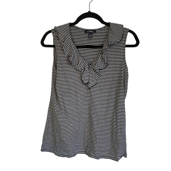 Chaps Black & White Stripe Sleeveless Ruffle Collar Tank Cotton Size Large - Picture 1 of 4